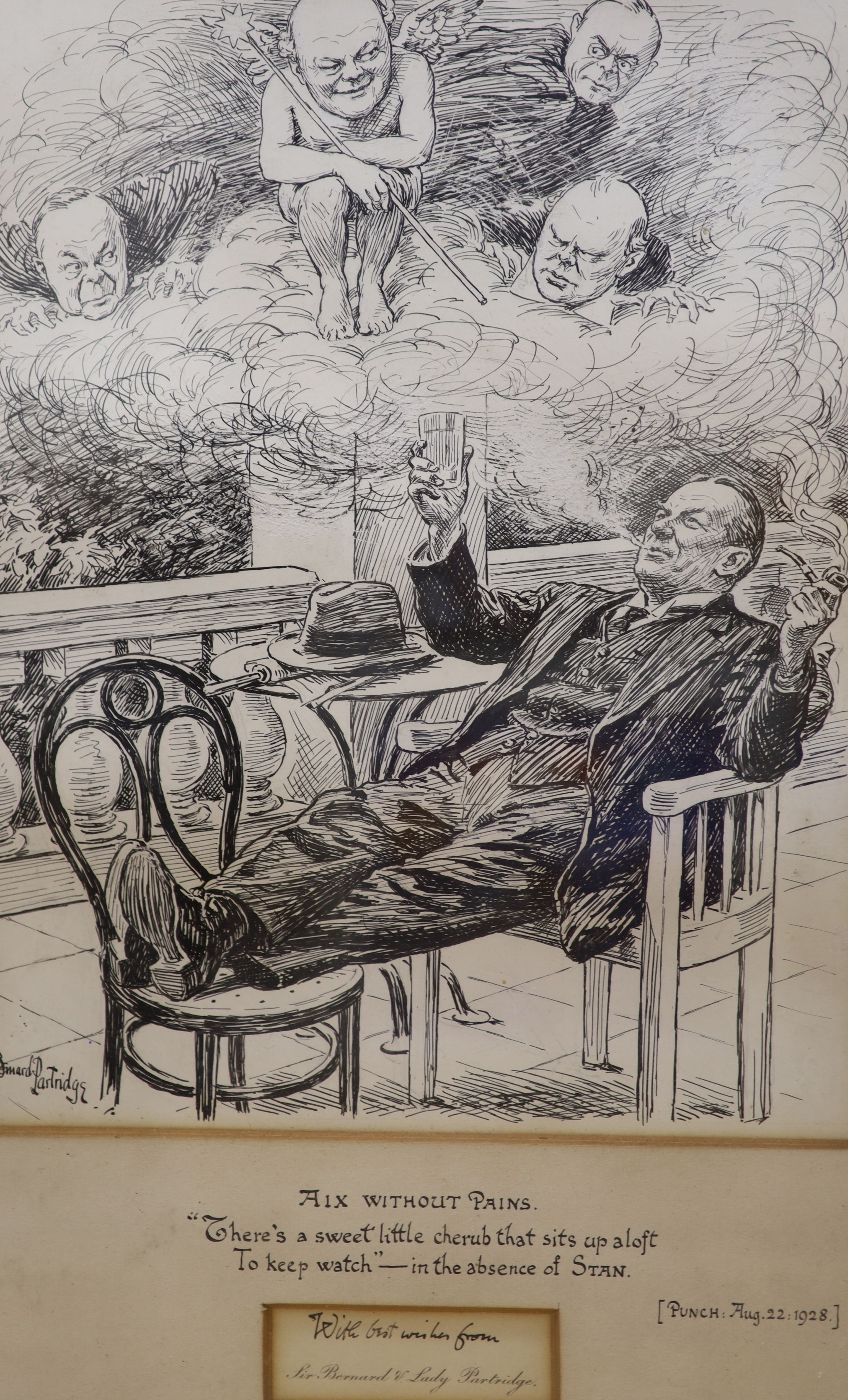 Bernard Partridge (1861-1945), pen and ink, Punch cartoon from 1928, 'Aix without pains', signed, 34 x 26cm and a print of a leopard, 26 x 43cm